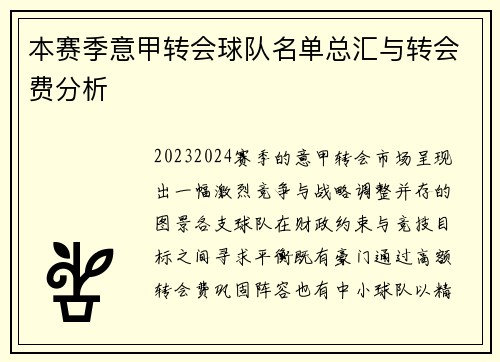 本赛季意甲转会球队名单总汇与转会费分析